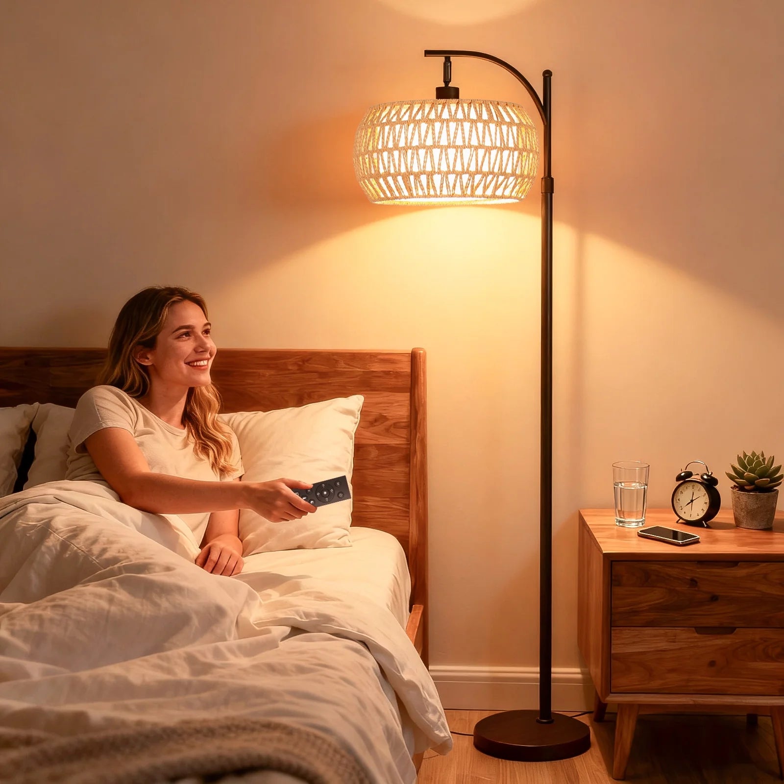 70-Inch Dimmable Arc Floor Lamp with Remote control  and Fabric Double Drum Shade