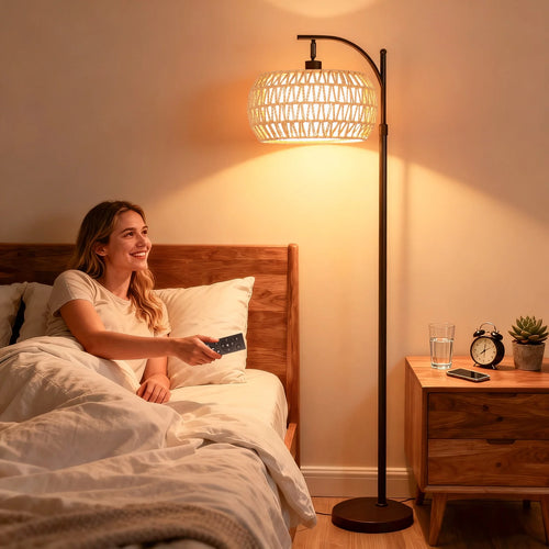 70-Inch Dimmable Arc Floor Lamp with Remote control  and Fabric Double Drum Shade