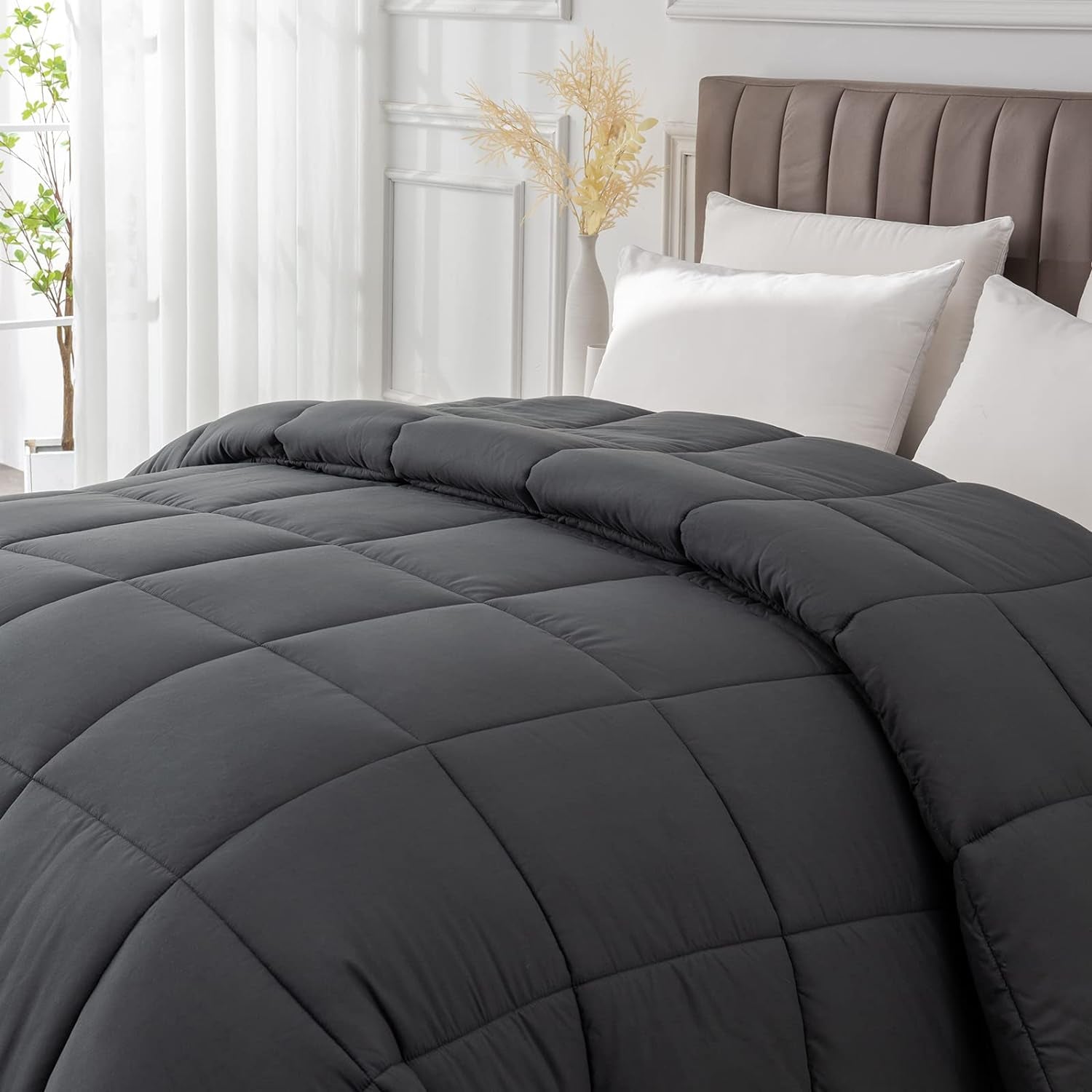 Twin Size All-Season Dark Grey Comforter Duvet Insert - Quilted Down Alternative Bedding with Corner Tabs - Soft and Fluffy, Machine Washable