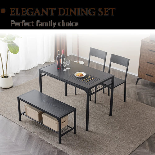 4 Pcs Dining Table Set, Dinning Set for 4 with 2 Chairs and Bench, Dinner Table with Storage Rack, Nesting Furniture Set for Dining Room, Restaurant, Black Wood