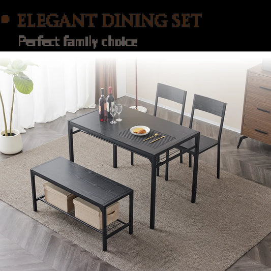 4 Pcs Dining Table Set, Dinning Set for 4 with 2 Chairs and Bench, Dinner Table with Storage Rack, Nesting Furniture Set for Dining Room, Restaurant, Black Wood
