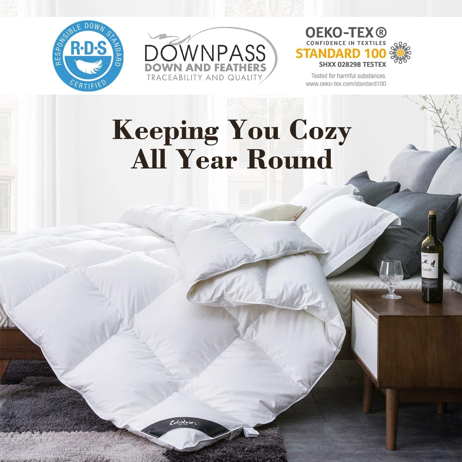 King Size All-Season Down Comforter - Medium Warmth Duvet Insert with Soft Noiseless Fabric, 8 Corner Tabs, and Machine Washable Design - White
