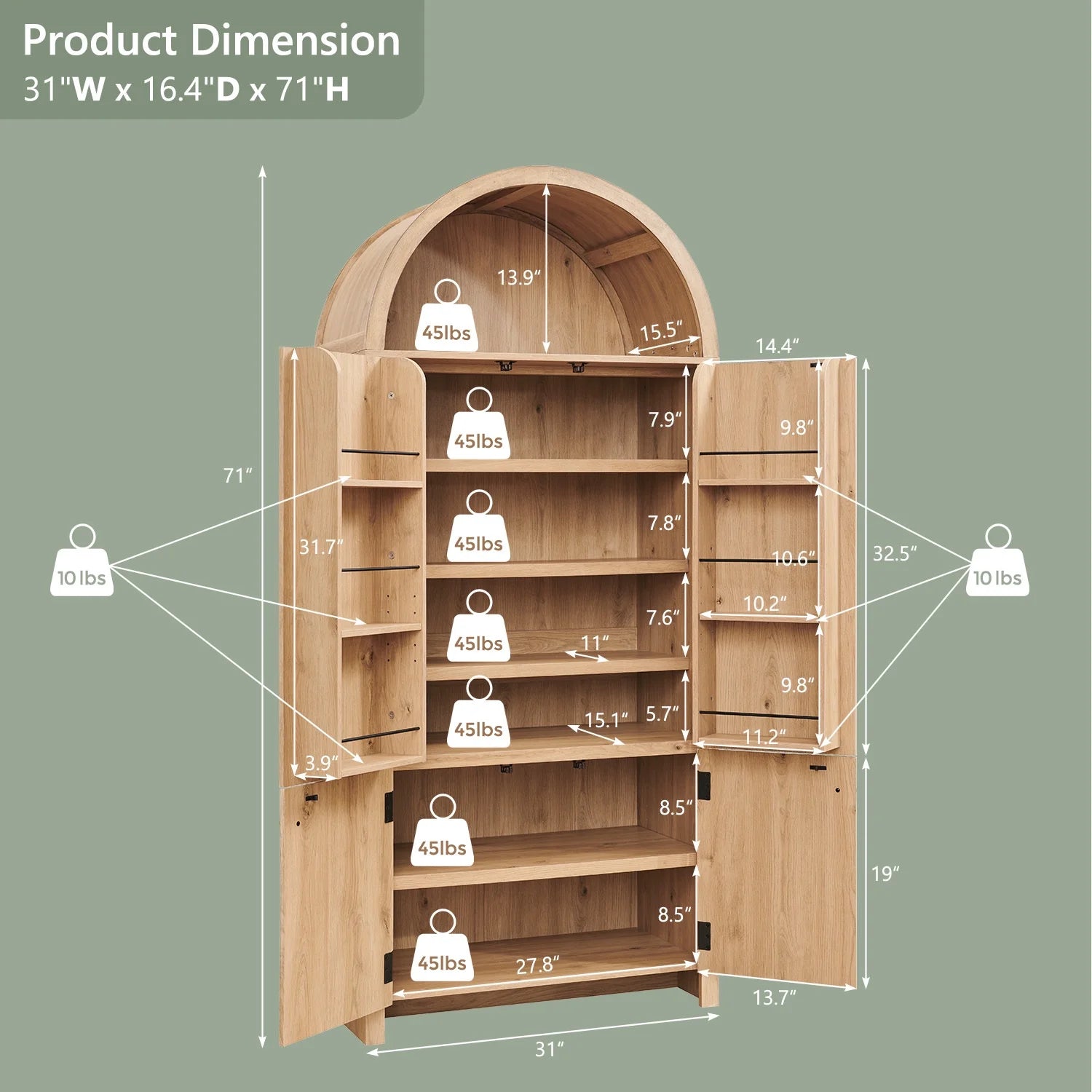 Gabinete De Almacenamiento De Despensa Arqueado Con 4 Puertas De Madera Acanaladas, Organizador De Cocina Moderno De 71" Con 6 Repisas De Puertas Y Repisas Ajustables, Armario Versátil Para Cocina Y Comedor