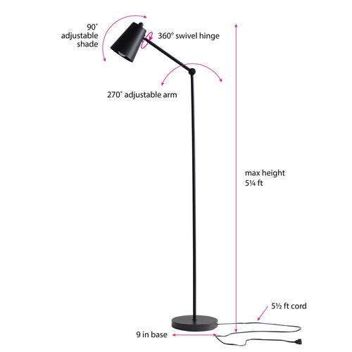 64-Inch Black Architect Floor Lamp with Matte Metal Finish