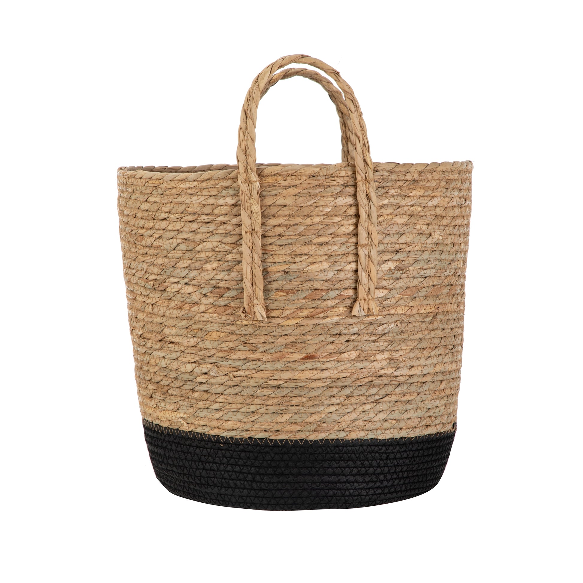 Natural and Black round Rush Baskets, Set of 2
