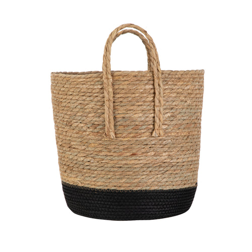 Natural and Black round Rush Baskets, Set of 2