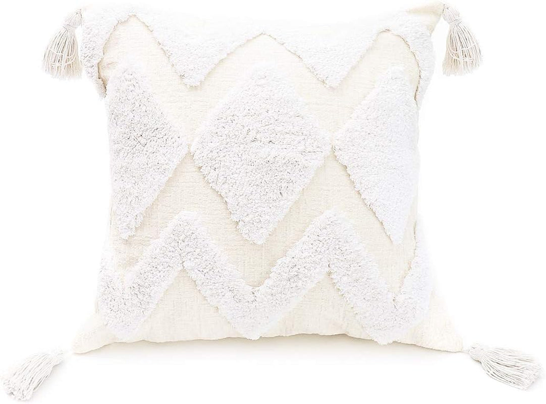 Bohemian White Throw Pillow Cover 18x18 Inches with Tassels, Moroccan Tufted Decorative Cream Chenille Fabric Accent Cushion Case for Bed and Couch, Single Piece