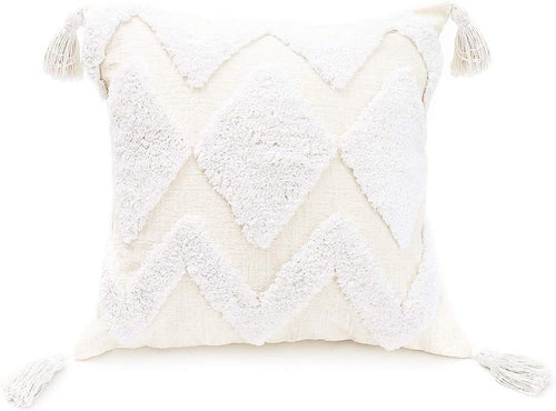 Bohemian White Throw Pillow Cover 18x18 Inches with Tassels, Moroccan Tufted Decorative Cream Chenille Fabric Accent Cushion Case for Bed and Couch, Single Piece
