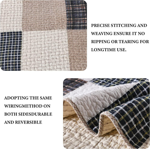 100% Cotton King Size Patchwork Quilt Set in Brown, Khaki, Black, and White - Lightweight Reversible Summer Bedding, 3-Piece Set