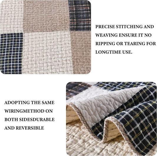 100% Cotton King Size Patchwork Quilt Set in Brown, Khaki, Black, and White - Lightweight Reversible Summer Bedding, 3-Piece Set