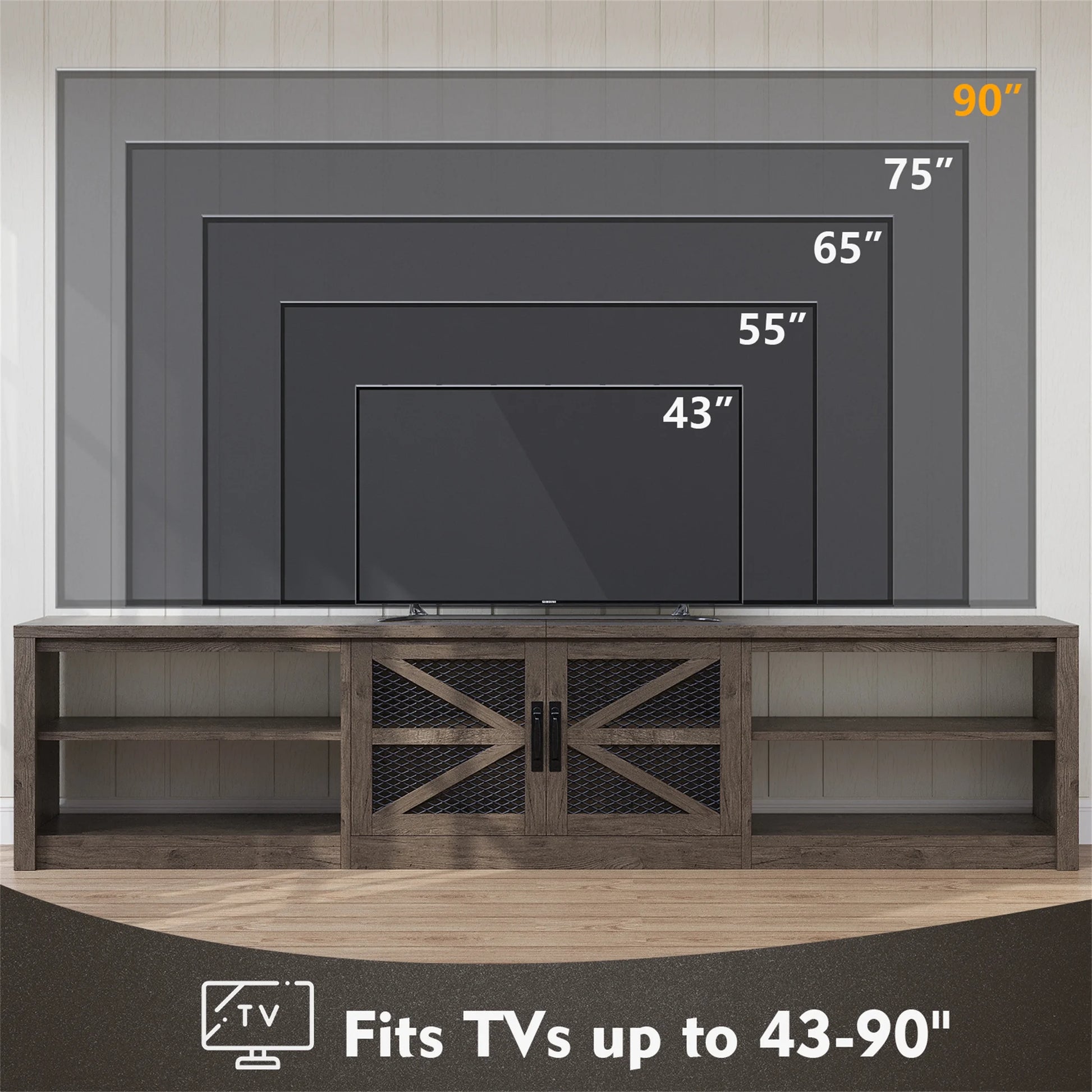 Farmhouse LED TV Stand for 65 70 75 80 85 90-Inch Tvs, Media Console Entertainment Center for Living Room, Bedroom, Grey Oak