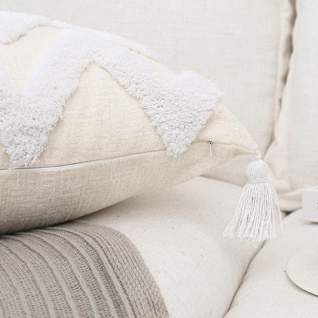 Bohemian White Throw Pillow Cover 18x18 Inches with Tassels, Moroccan Tufted Decorative Cream Chenille Fabric Accent Cushion Case for Bed and Couch, Single Piece