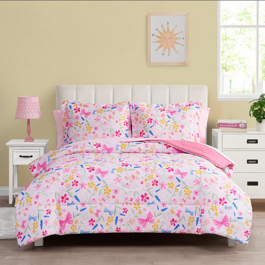 7-Piece Pink Wildflower Polyester Bedding Set for Full-Size Girls