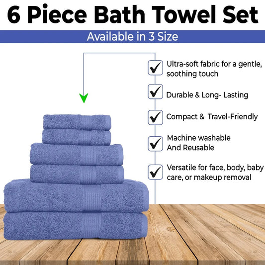 6-Piece Blue Towel Set - 100% Ringspun Cotton, Soft and Highly Absorbent - Includes 2 Bath Towels, 2 Hand Towels, and 2 Washcloths - Quick Dry, Durable, and Luxurious Bathroom Essentials