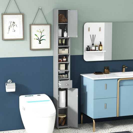 Tall Slim Bathroom Storage Cabinet Linen Tower W/Drawer Adjustable Shelves Gray