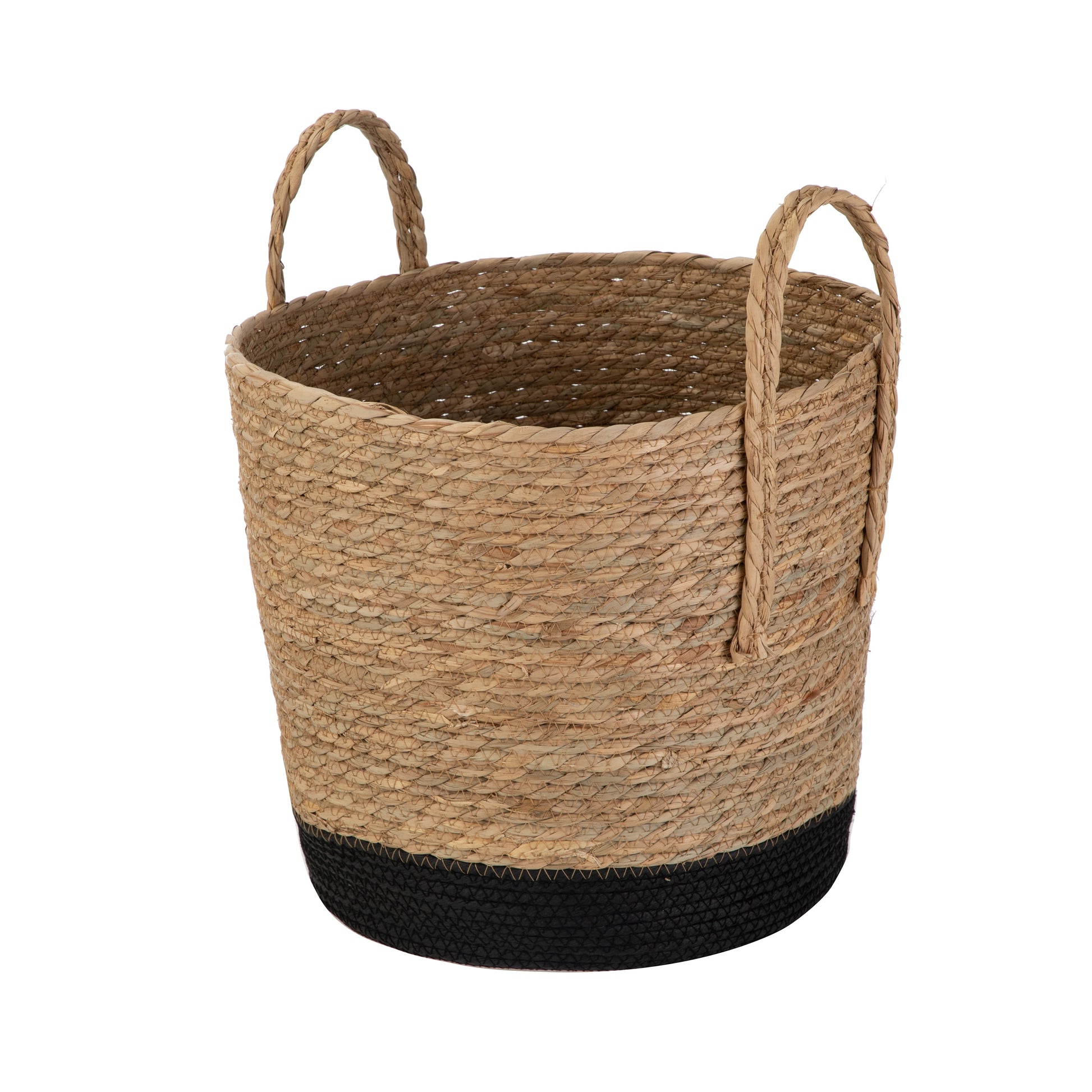 Natural and Black round Rush Baskets, Set of 2