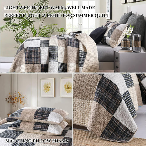 100% Cotton King Size Patchwork Quilt Set in Brown, Khaki, Black, and White - Lightweight Reversible Summer Bedding, 3-Piece Set