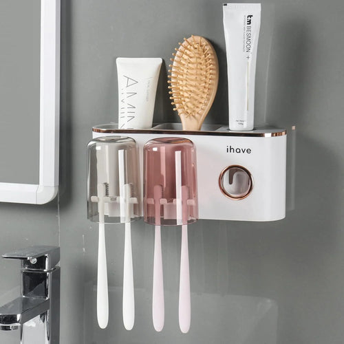 Bathroom Organizer with Toothpaste Dispenser and 2 Cups - Wall-Mounted Toothbrush Holder