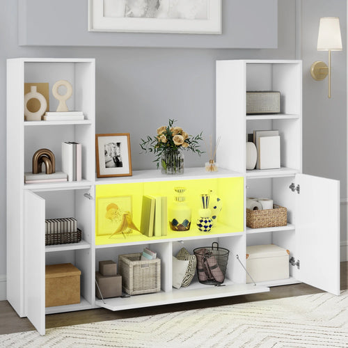 4-Tier U-Shaped Bookcase, Castle Bookshelf with Cabinet &LED Light, Cube Storage Organizer, White