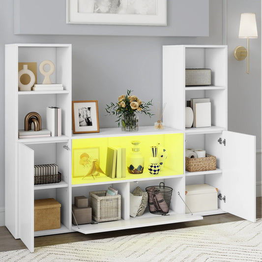 4-Tier U-Shaped Bookcase, Castle Bookshelf with Cabinet &LED Light, Cube Storage Organizer, White