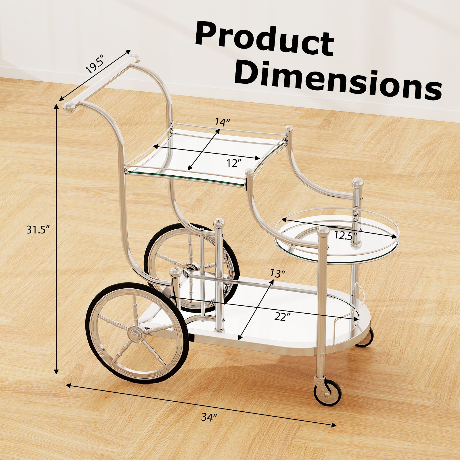 Bar Cart 3-Tier Home Bar Serving Cart on Wheels W/ Mirrored Shelves