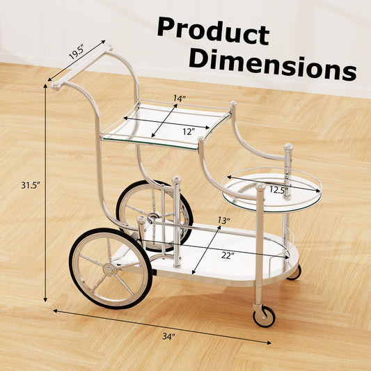 Bar Cart 3-Tier Home Bar Serving Cart on Wheels W/ Mirrored Shelves