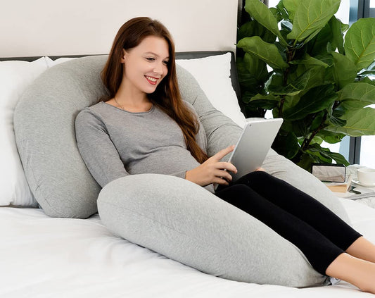 Maternity C-Shaped Pregnancy Pillow with Jersey Cotton Cover for Enhanced Sleep Comfort (Grey)