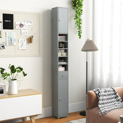 Tall Slim Bathroom Storage Cabinet Linen Tower W/Drawer Adjustable Shelves Gray