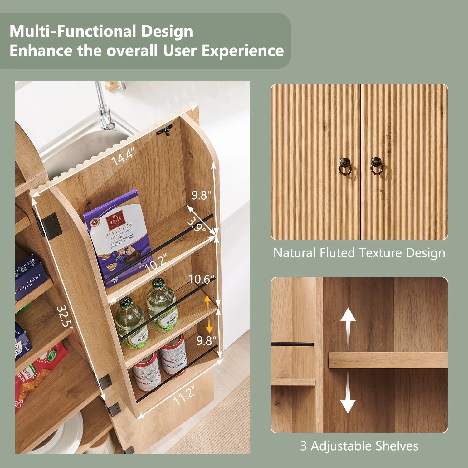Gabinete De Almacenamiento De Despensa Arqueado Con 4 Puertas De Madera Acanaladas, Organizador De Cocina Moderno De 71" Con 6 Repisas De Puertas Y Repisas Ajustables, Armario Versátil Para Cocina Y Comedor