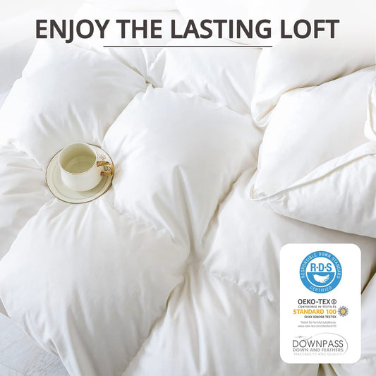 King Size All-Season Down Comforter - Medium Warmth Duvet Insert with Soft Noiseless Fabric, 8 Corner Tabs, and Machine Washable Design - White
