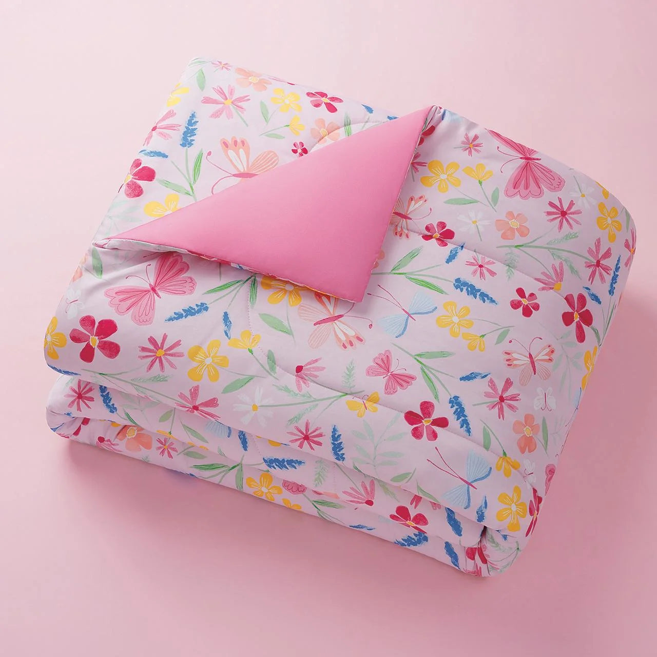 7-Piece Pink Wildflower Polyester Bedding Set for Full-Size Girls