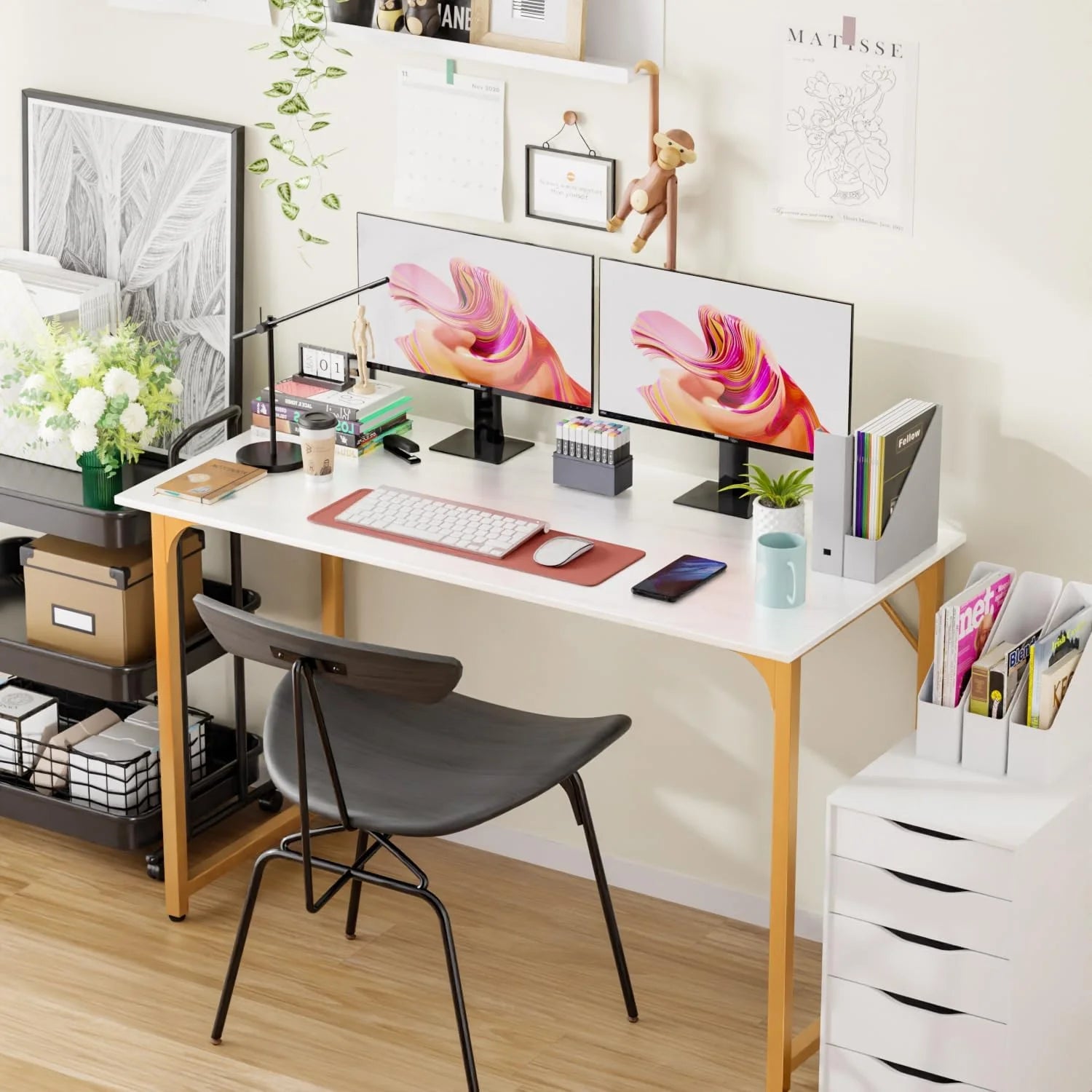 48 Inch Large Computer Desk Writing Desk Wood Top Metal Frame PC Laptop Table for Home Office Gaming Study, Gold