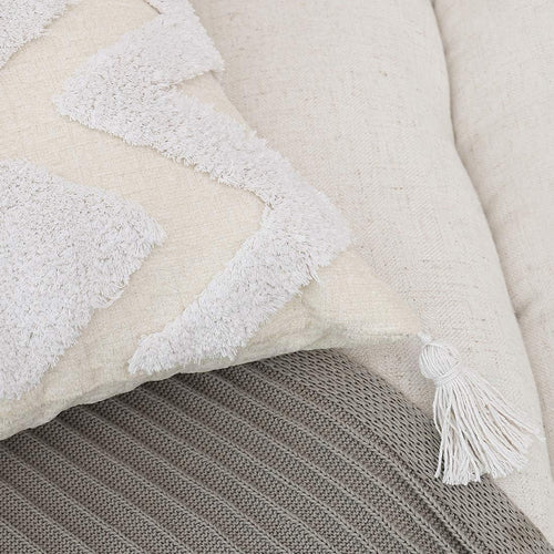 Bohemian White Throw Pillow Cover 18x18 Inches with Tassels, Moroccan Tufted Decorative Cream Chenille Fabric Accent Cushion Case for Bed and Couch, Single Piece