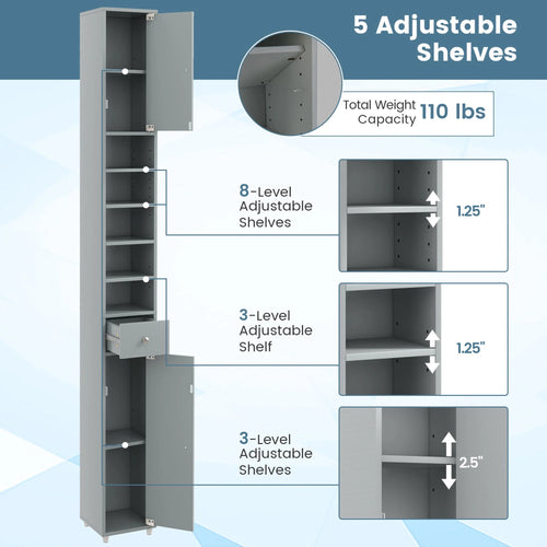 Tall Slim Bathroom Storage Cabinet Linen Tower W/Drawer Adjustable Shelves Gray