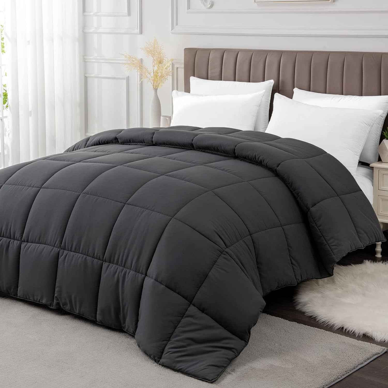 Twin Size All-Season Dark Grey Comforter Duvet Insert - Quilted Down Alternative Bedding with Corner Tabs - Soft and Fluffy, Machine Washable