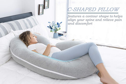 Maternity C-Shaped Pregnancy Pillow with Jersey Cotton Cover for Enhanced Sleep Comfort (Grey)