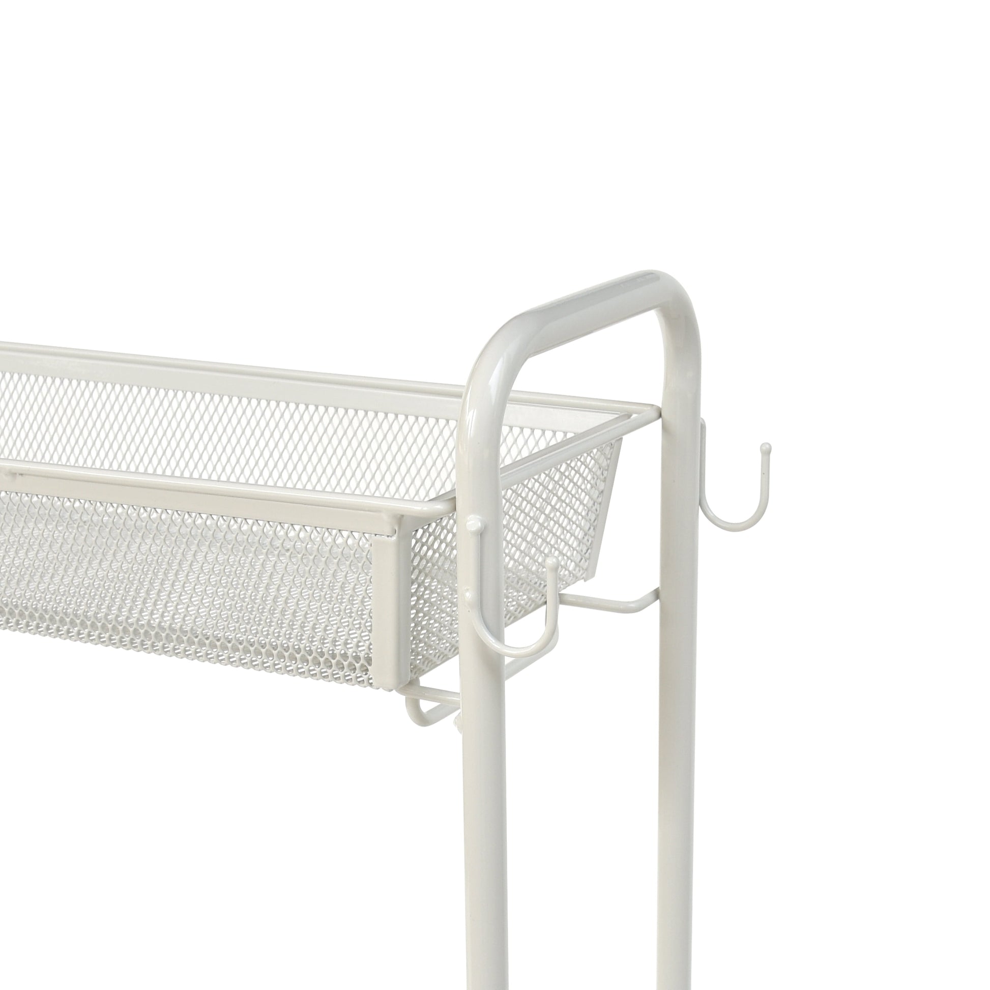 Sleek 3-Tier White Rolling Bathroom Storage Cart with Hooks - Maximize Your Space!
