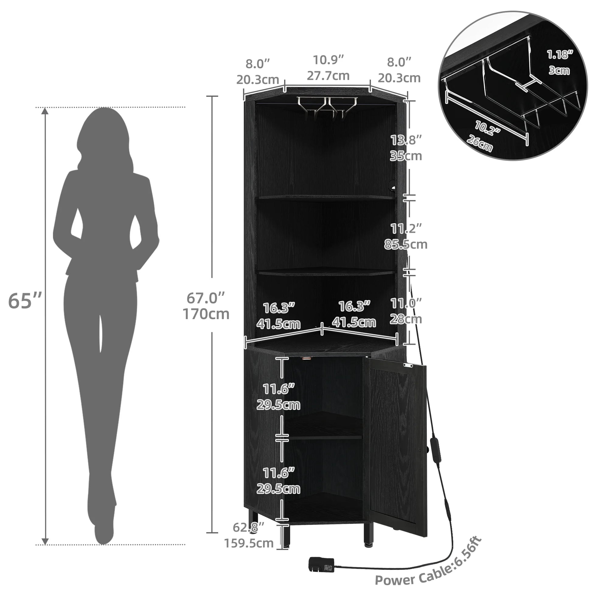67" Corner Bar Cabinet with LED Lights, Wine Glass Holder & Storage Shelves, Black