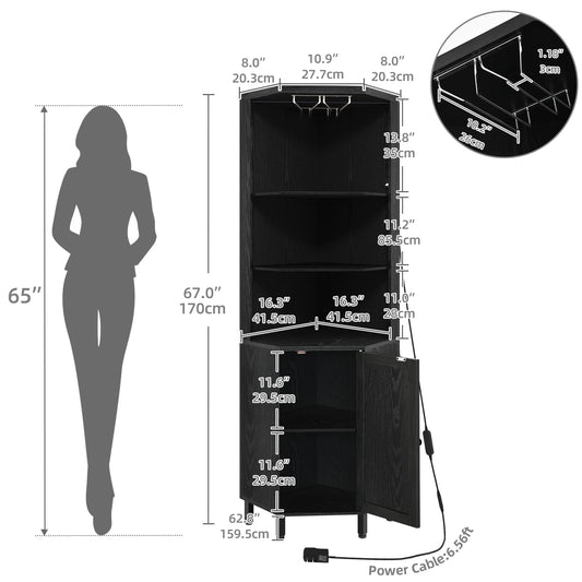 67" Corner Bar Cabinet with LED Lights, Wine Glass Holder & Storage Shelves, Black