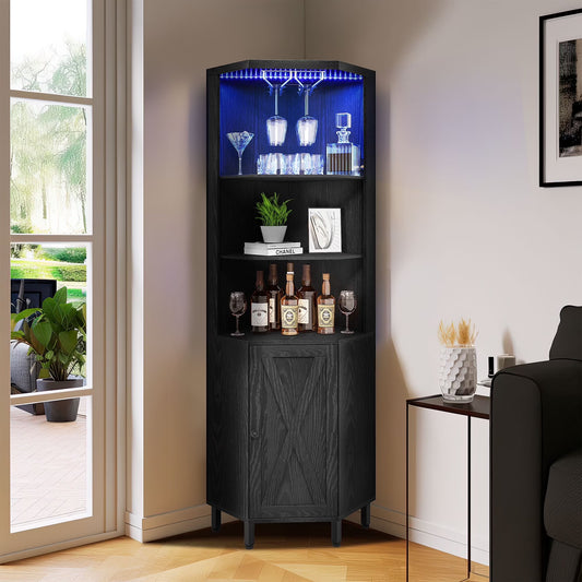 67" Corner Bar Cabinet with LED Lights, Wine Glass Holder & Storage Shelves, Black