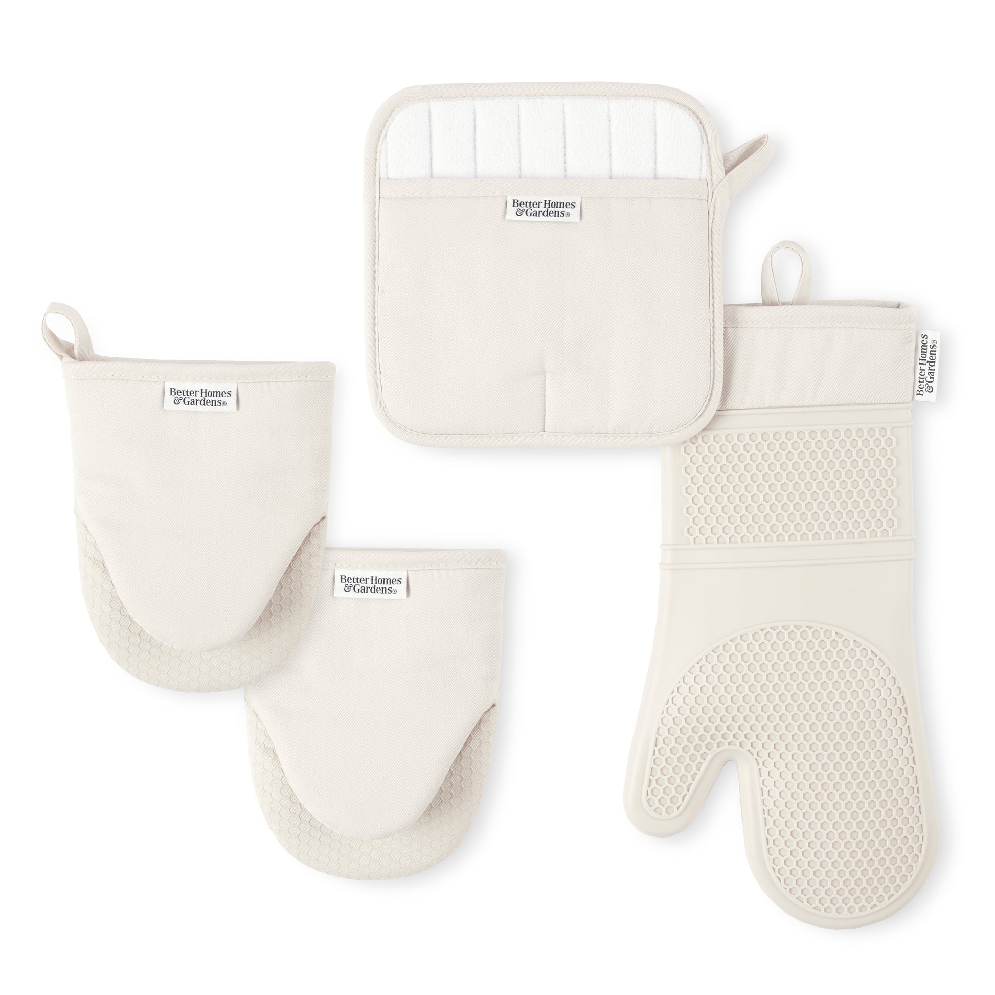 Set of 4 Kitchen Gloves, Placemats, and Mini Gloves, Beige