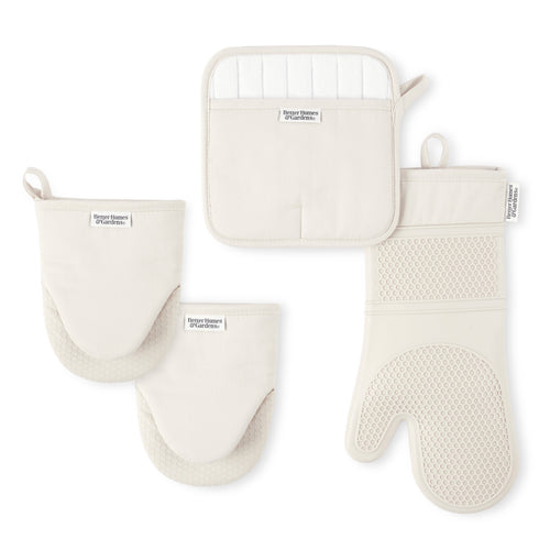 Set of 4 Kitchen Gloves, Placemats, and Mini Gloves, Beige