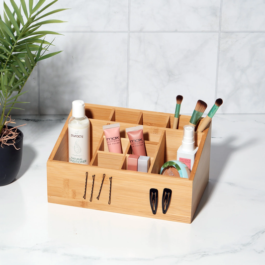 Elegant 12-Compartment Bamboo Bathroom Organizer