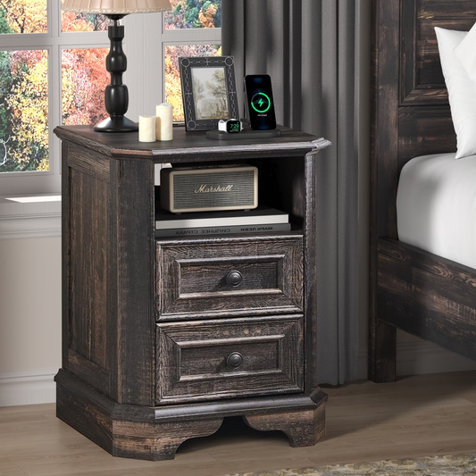 Farmhouse Nightstand with Charging Station – Dark Rustic Oak