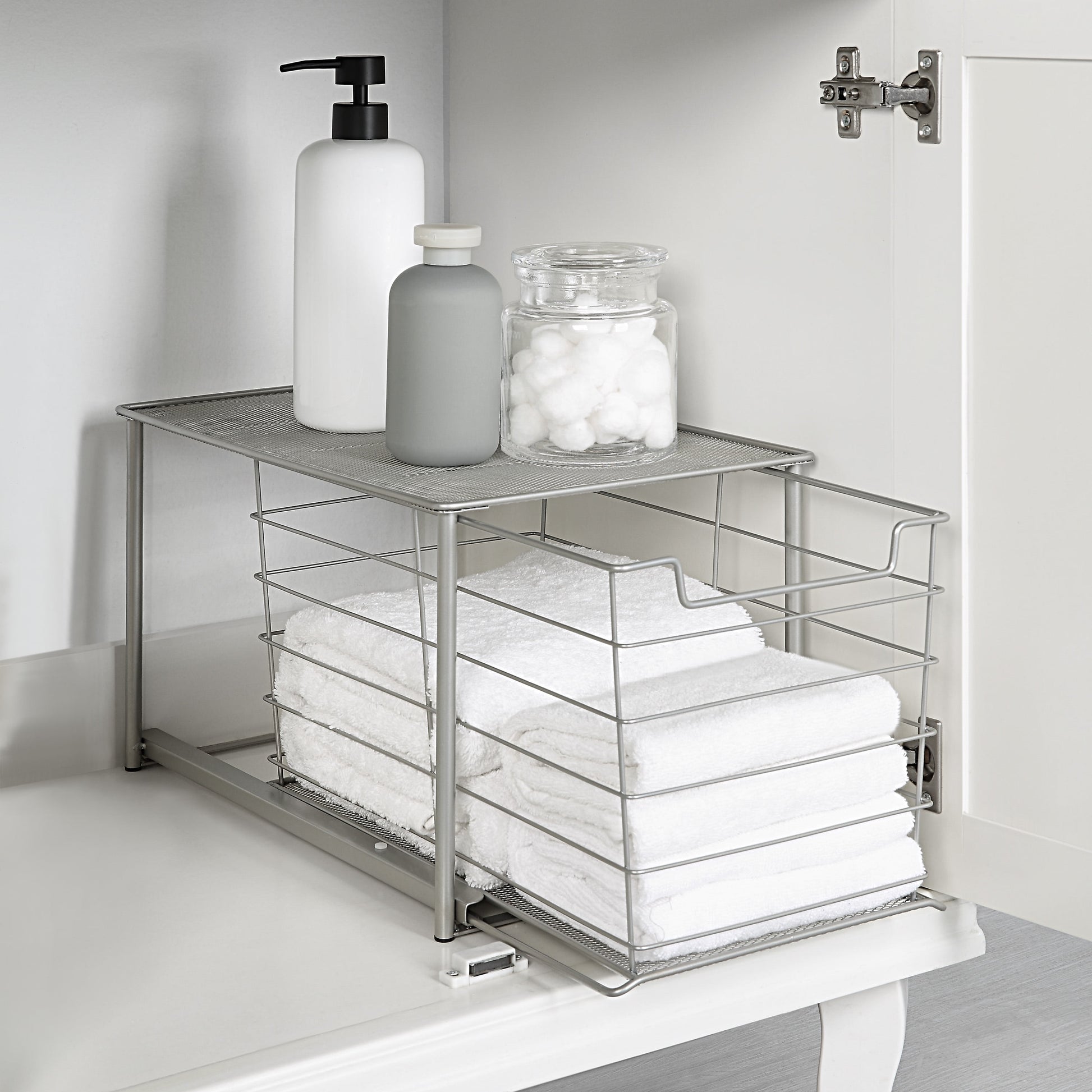 Premium Large Stackable Slide-Out Drawer Organizer - Satin Nickel Finish, 15" x 10" x 9.3"