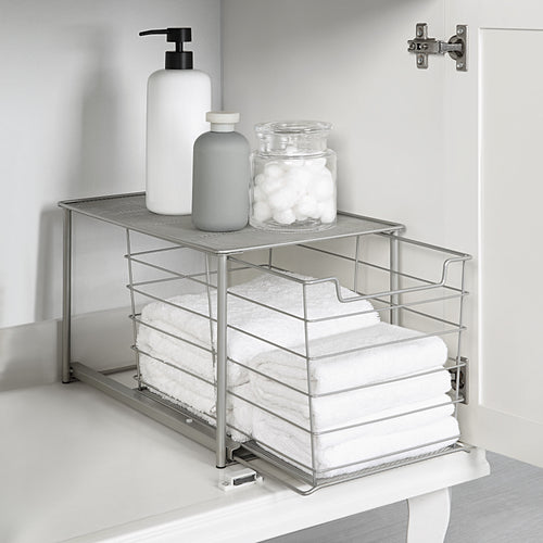 Premium Large Stackable Slide-Out Drawer Organizer - Satin Nickel Finish, 15" x 10" x 9.3"