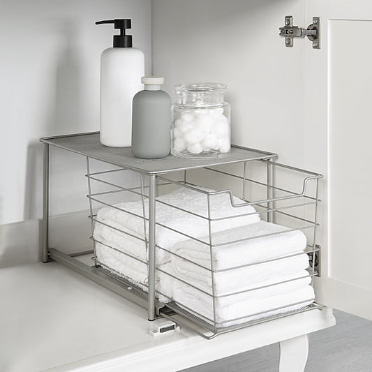 Premium Large Stackable Slide-Out Drawer Organizer - Satin Nickel Finish, 15" x 10" x 9.3"