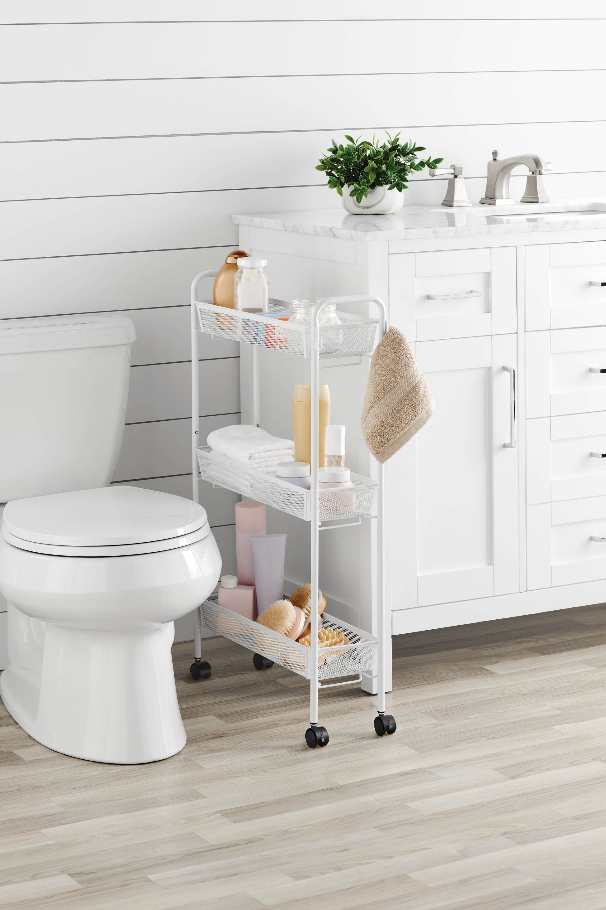 Sleek 3-Tier White Rolling Bathroom Storage Cart with Hooks - Maximize Your Space!