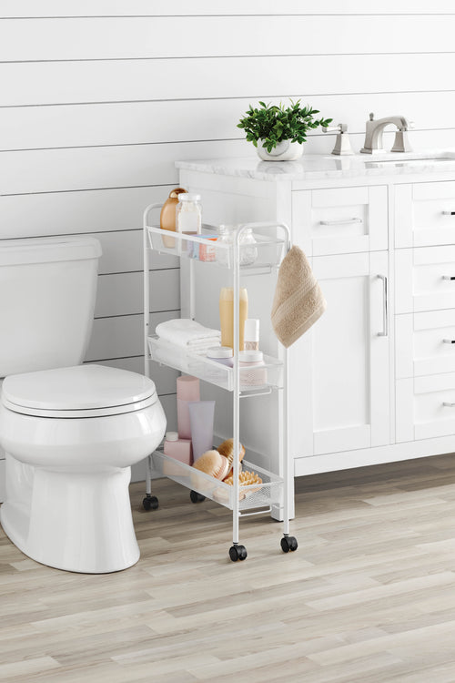 Sleek 3-Tier White Rolling Bathroom Storage Cart with Hooks - Maximize Your Space!