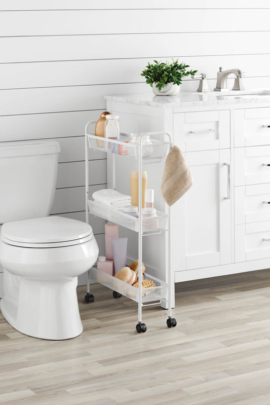 Sleek 3-Tier White Rolling Bathroom Storage Cart with Hooks - Maximize Your Space!
